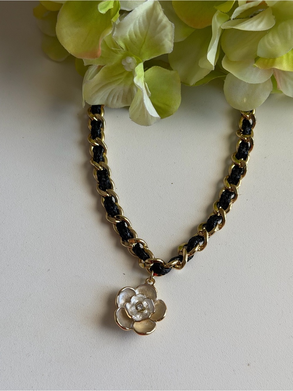 Gold and Black leather Chain Necklace with Flower Pendant